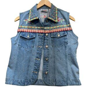 Bill Blass Women's Embroidered Jeans Vest Stretch Denim Size M Blue Sleeveless